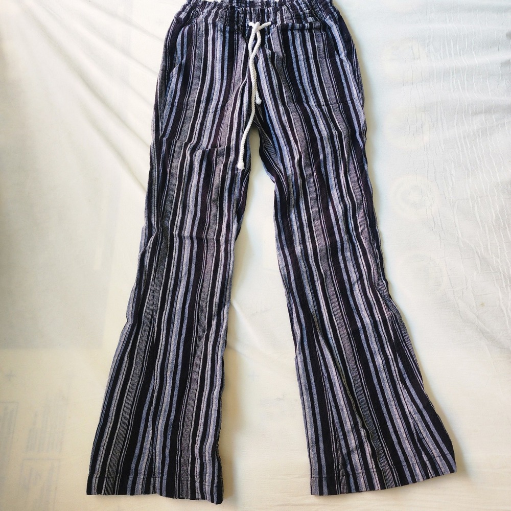 Roxy Striped Pants Women XS Blue Excellent Low Rise Linen Blend Beach Trousers